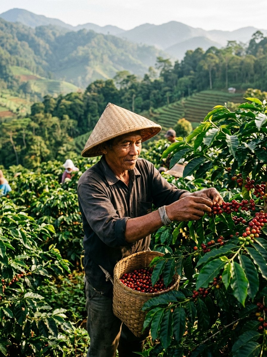 Indonesian coffee farmer hand-picking ripe coffee cherries in the highlands