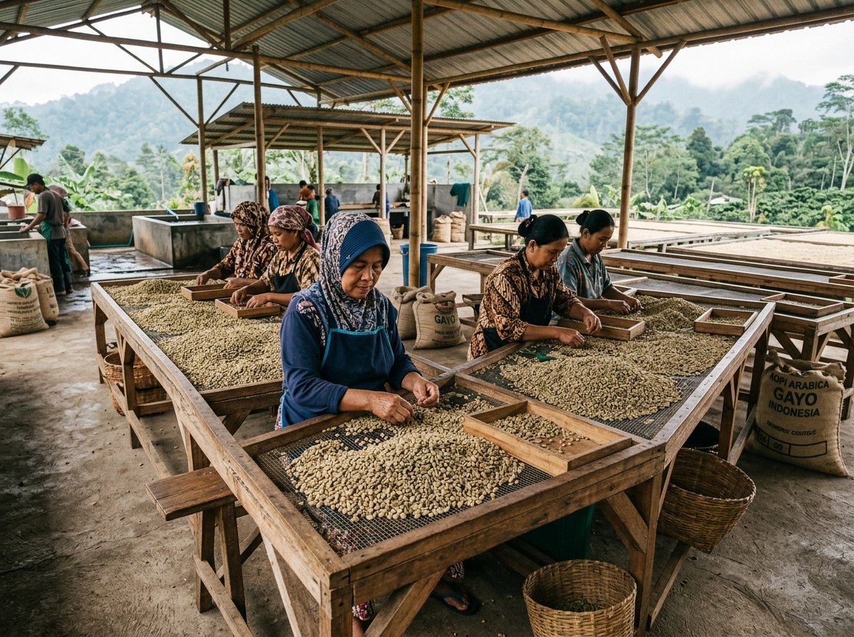 Indonesian workers carefully hand-sorting green coffee beans at our processing facility